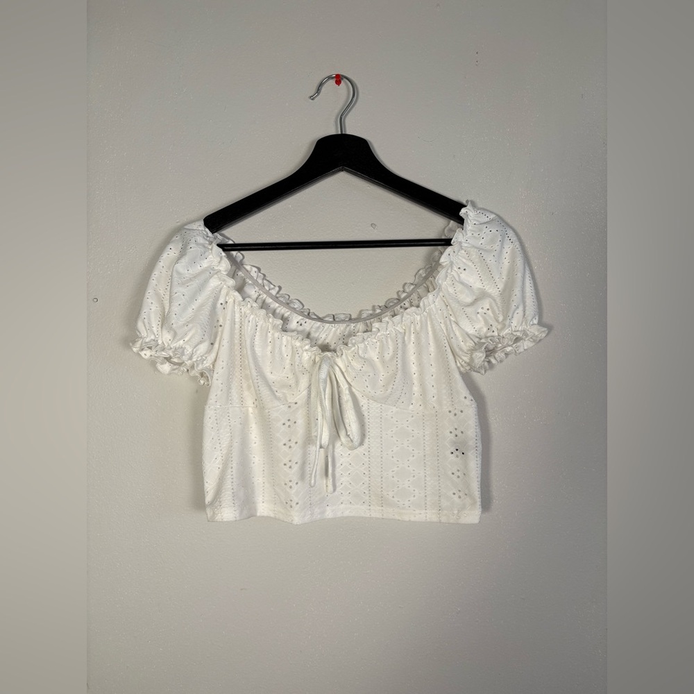 SHEIN White Eyelet Ruffle Blouse